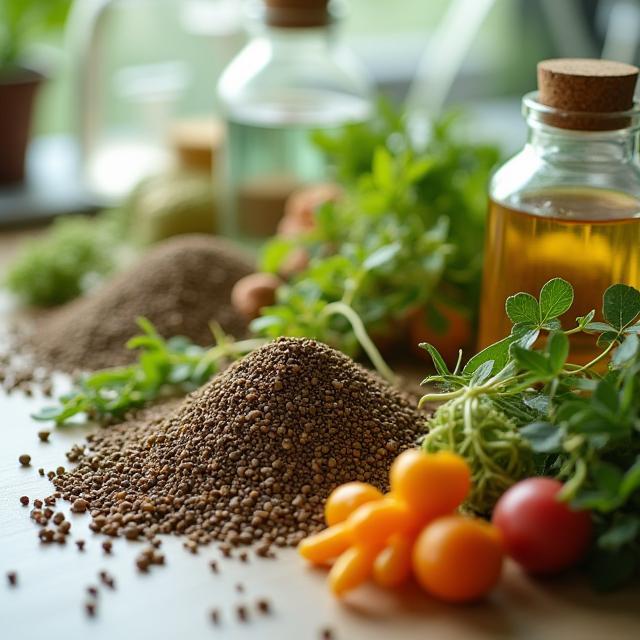 Ingredientes botánicos sobre mesa de laboratorio